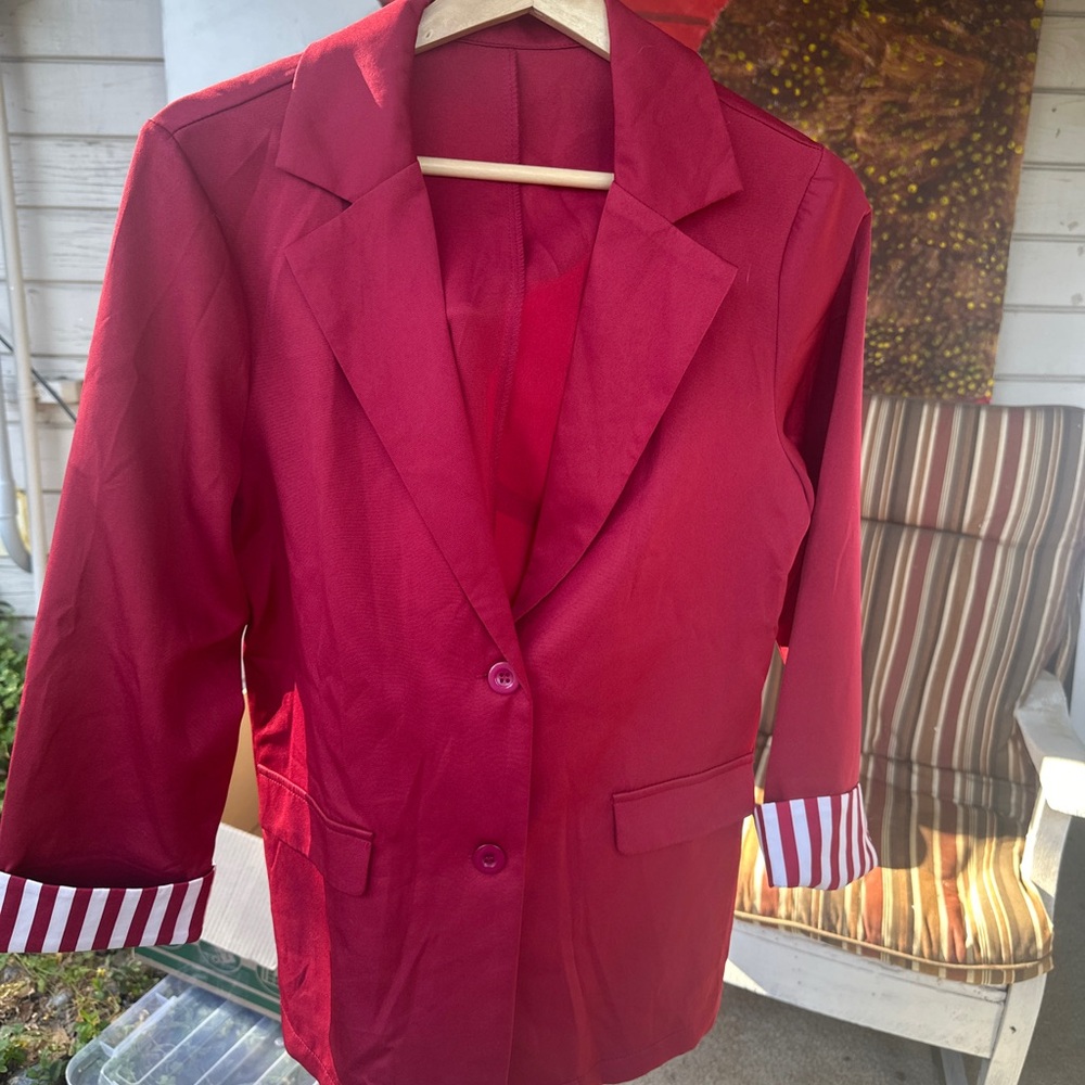 SHEIN Red Lightweight Blazer - Striped Roll-Up Cuffs - Small